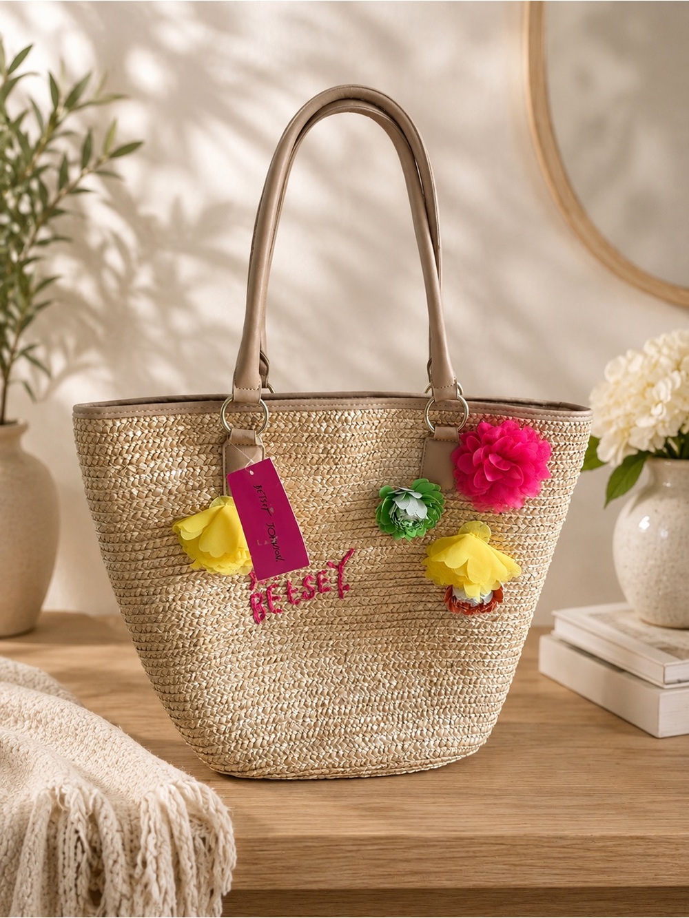 Betsey Johnson straw tote with flowers brand new